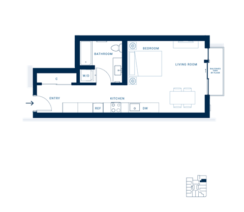 Floor plan for studio, 1 bath, 400 sqft